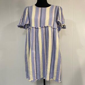 DIP Cotton Striped Boho Babydoll Dress Raw Hem Pastel | Size Small